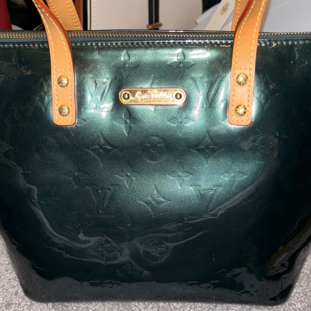 Louis Vuitton Dark Green Patent Tote with Tan Handles